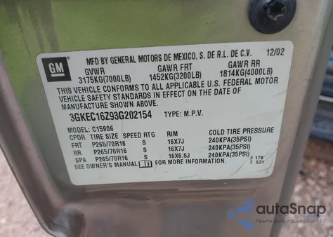2003 GMC Yukon Xl 1500 Slt z USA, uszkodzony, nr VIN 3GKEC16Z93G202154